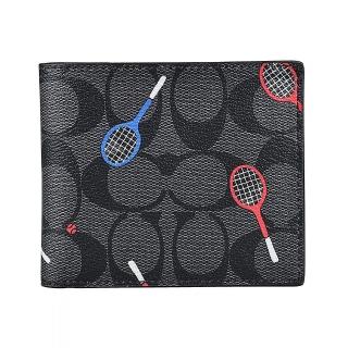 【COACH】COACH 印花LOGO網球拍設計PVC 6卡對折短夾(炭黑x多色)