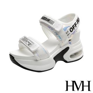【HMH】璀璨亮片拼接英文印字織帶時尚氣墊內增高運動風涼鞋(白)