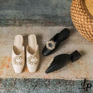 【JP Queen New York】氣質珍珠花圈方頭穆勒鞋(2色可選)