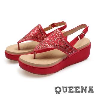 【QUEENA】波希米亞民族風華麗美鑽鉚釘拼貼厚底夾腳涼鞋(紅)