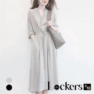 【Lockers 木櫃】夏季收腰束帶V領連身裙 L111062706(連身裙)