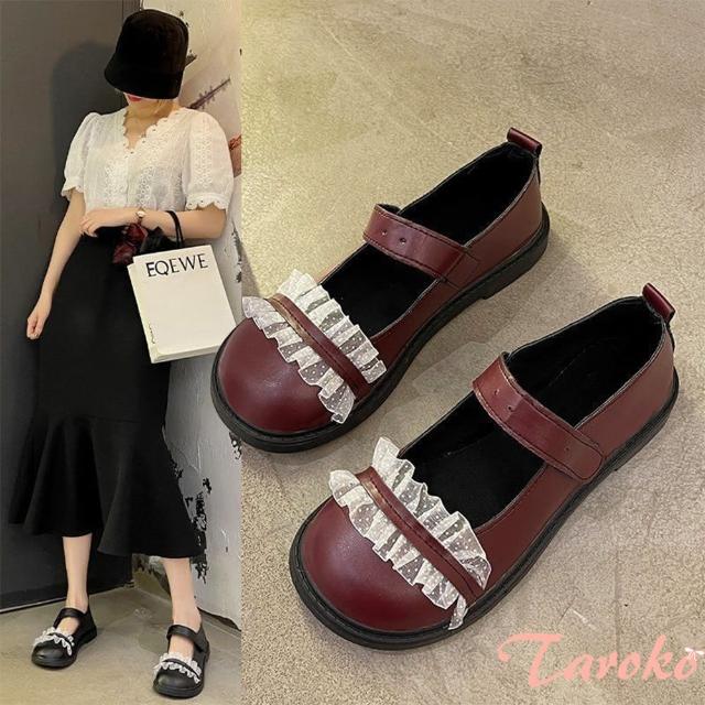 【Taroko】復古蕾絲學院甜美粗跟厚底皮鞋(3色可選)