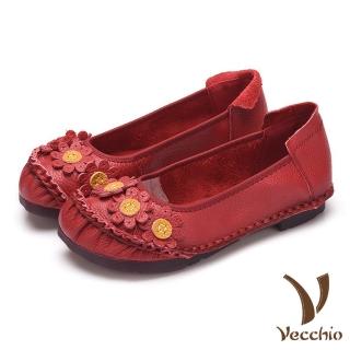 【Vecchio】真皮頭層牛皮手工縫線花朵裝飾低跟舒適單鞋(紅)