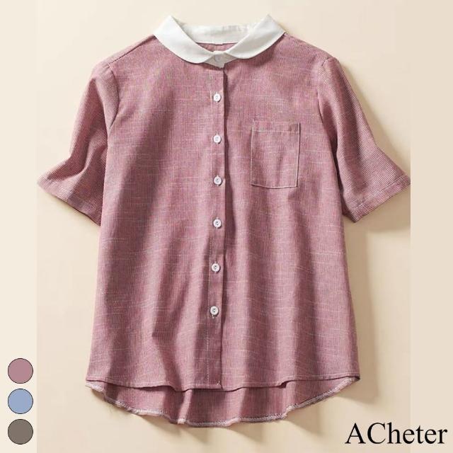 【ACheter】娃娃領棉麻短袖條紋襯衫上衣#113247現貨+預購(3色)