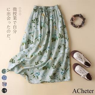 【ACheter】田園風鬆緊高腰細帶涼爽印花裙#113208現貨+預購(4色)