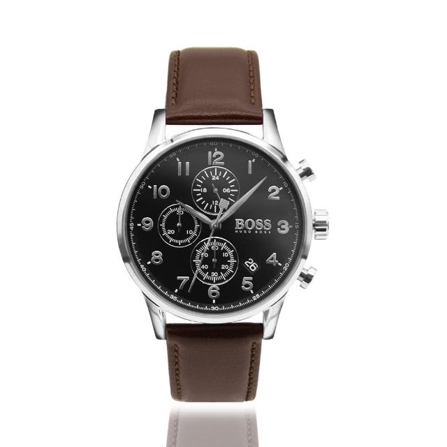 【BOSS】白鋼殼 黑面 咖啡色皮革錶帶 三眼計時男錶【贈旅行收納錶盒】母親節(1513494)