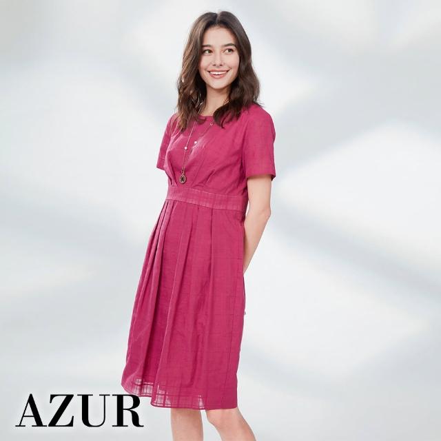 【AZUR】收腰抓褶淺格紋洋裝