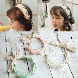 【Emi 艾迷】韓系兒童髮箍 甜美花朵蕾絲綁帶 髮飾 花環