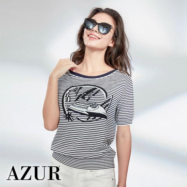 【AZUR】美式帆船印花條紋針織衫-2色