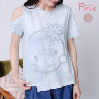 【PINK NEW GIRL】可愛小米高棉單側挖肩拼接短袖上衣 I5301ED(粉色)