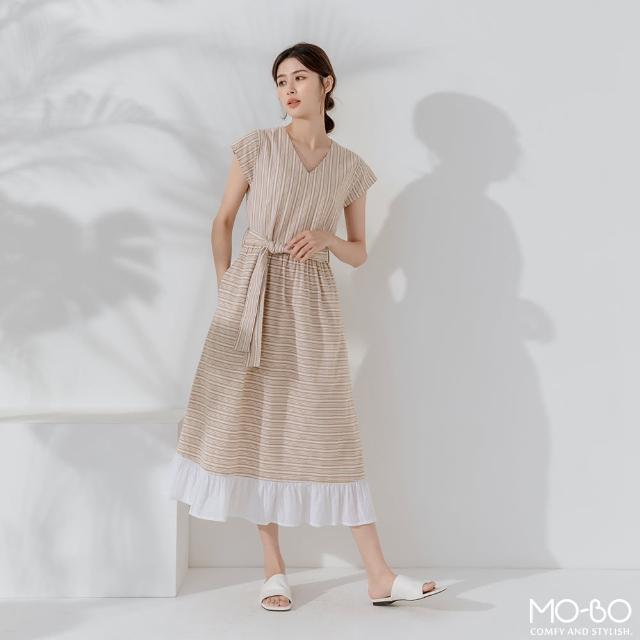 【MO-BO】浪漫V領棉麻條紋剪接洋裝(洋裝)