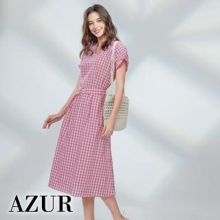 【AZUR】法式野餐綁結袖小格紋洋裝-2色