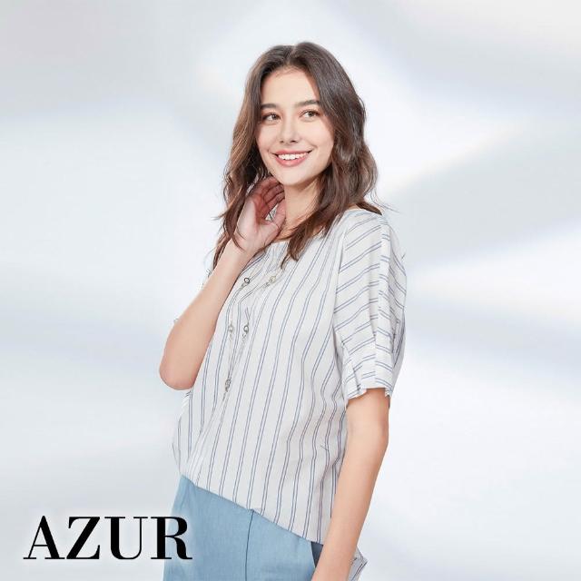 【AZUR】背釦造型直紋百搭上衣