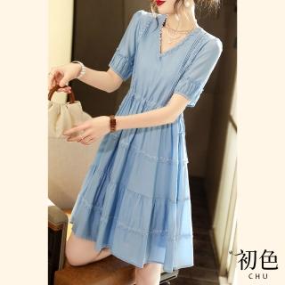 【初色】涼爽蕾絲花邊V領連身連衣裙洋裝-藍色-62784(M-2XL可選)