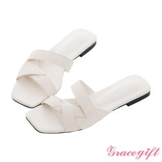 【Grace Gift】車線寬帶編織平底拖鞋(白)