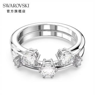 【SWAROVSKI 官方直營】Constella 戒指套裝 圓形切割 白色 鍍白金色 交換禮物(2 個一組)