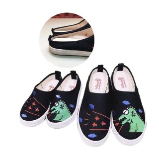 【棒棒糖異想世界lollipop】台灣製帆布鞋 親子鞋 休閒鞋 彩繪鞋(電繡帆布拖鞋-恐龍噴火)