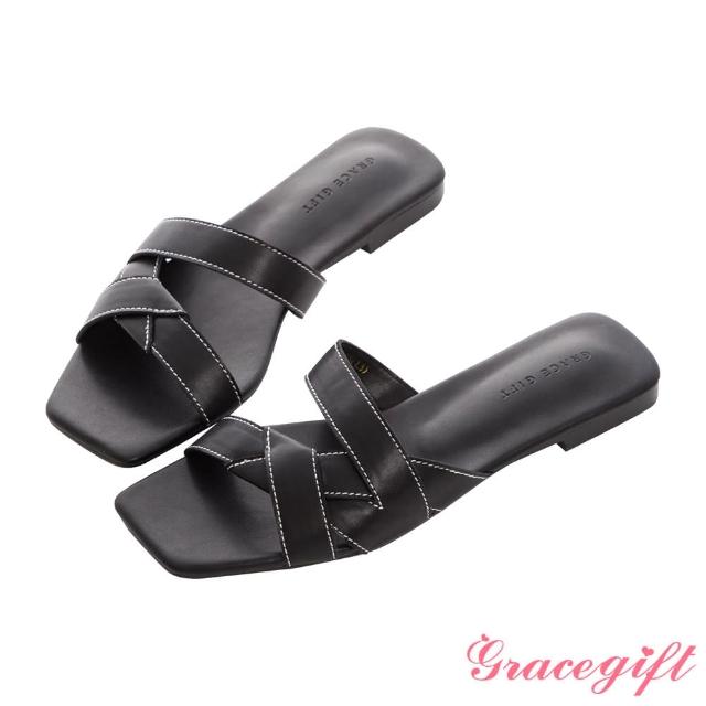 【Grace Gift】車線寬帶編織平底拖鞋(黑)
