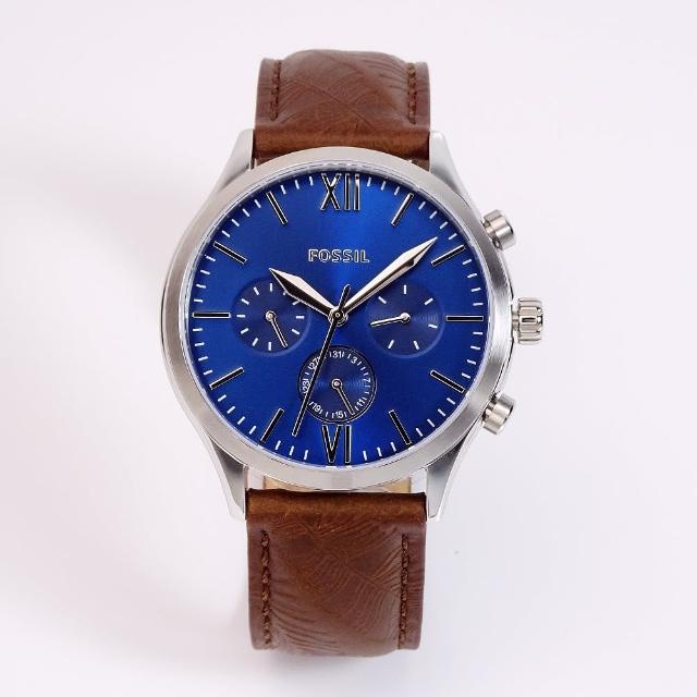 【FOSSIL】FOSSIL 美國最受歡迎頂尖運動時尚三眼造型皮革腕錶-藍+咖啡-BQ2697