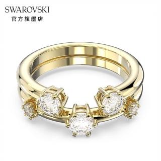 【SWAROVSKI 官方直營】Constella 戒指套裝 圓形切割 白色 鍍金色色調 交換禮物(2 個一組)
