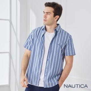 【NAUTICA】男裝快乾合身剪裁直條紋短袖襯衫(藍色)