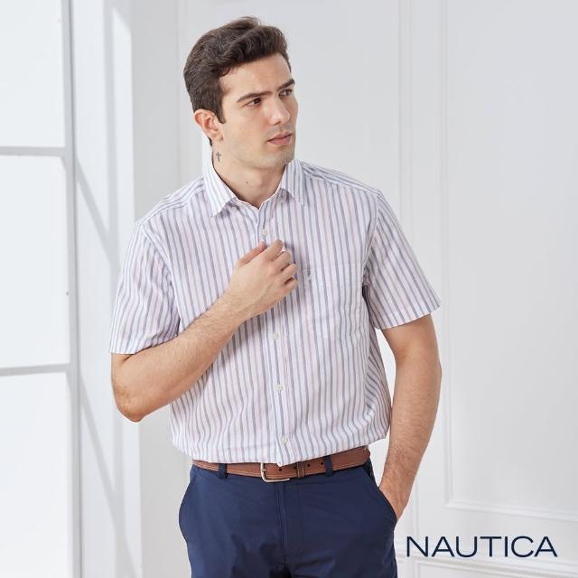 【NAUTICA】男裝防皺直條粉紋短袖襯衫(紫色)