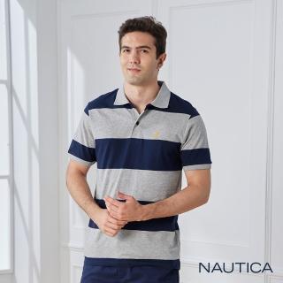 【NAUTICA】男裝 純棉條紋休閒短袖POLO衫(灰藍)