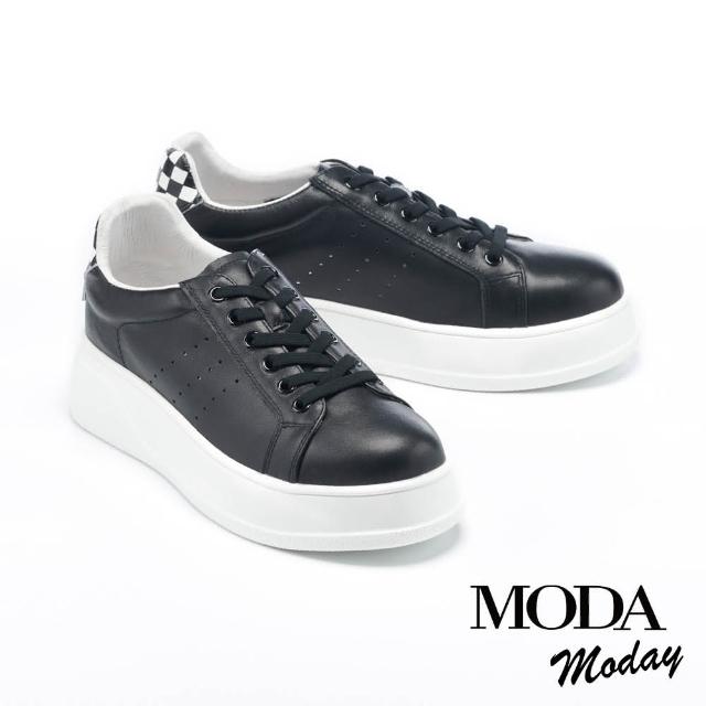 【MODA Moday】街頭撞色格紋全真皮厚底休閒鞋(黑)