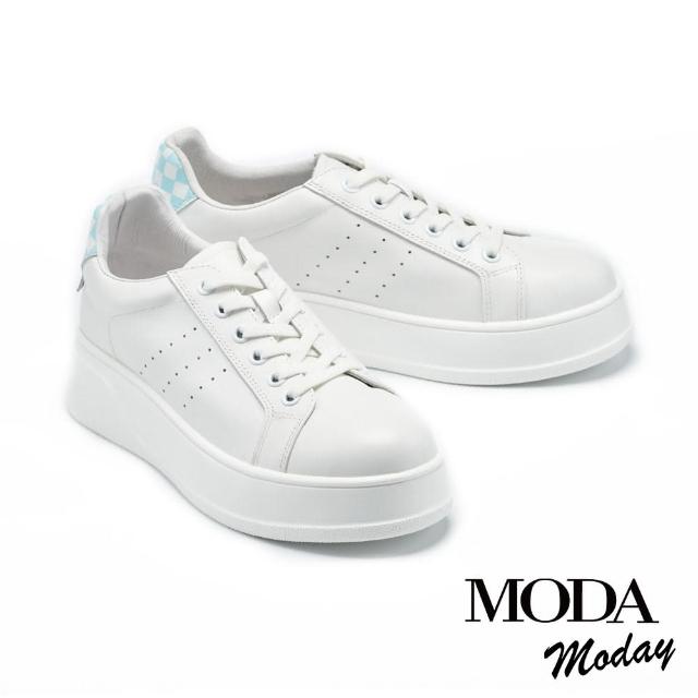 【MODA Moday】街頭撞色格紋全真皮厚底休閒鞋(藍)