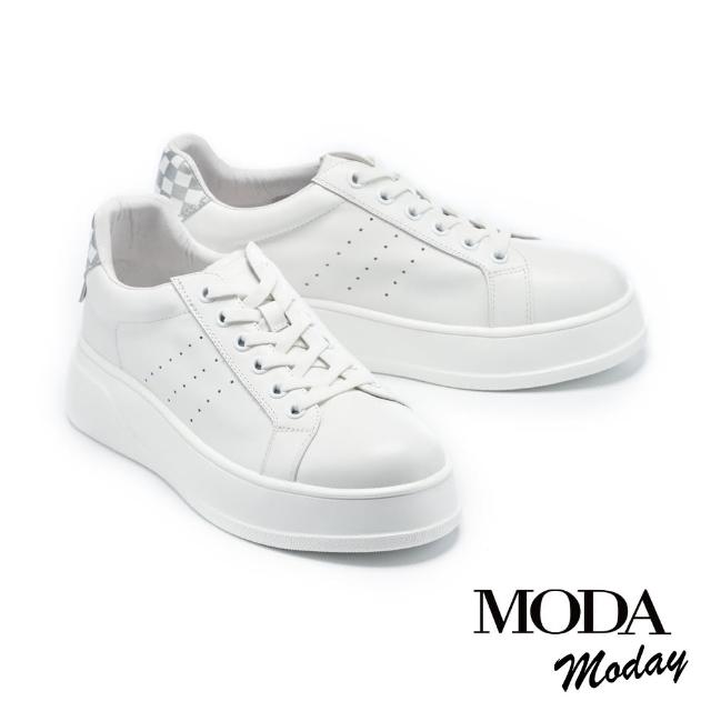 【MODA Moday】街頭撞色格紋全真皮厚底休閒鞋(白)