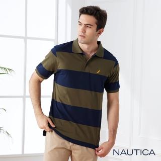 【NAUTICA】男裝 純棉條紋休閒短袖POLO衫(藍綠)