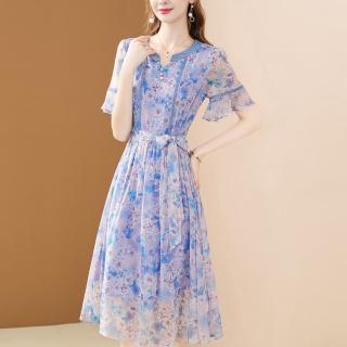 【FQ 時尚天后】藍紫水彩玫瑰印花雪紡洋裝(中大尺碼/S-3XL)