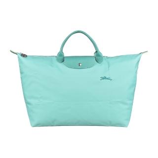 【LONGCHAMP】LONGCHMAP LE PLIAGE GREEN刺繡LOGO尼龍拉鍊手提旅行袋(珊瑚藍)