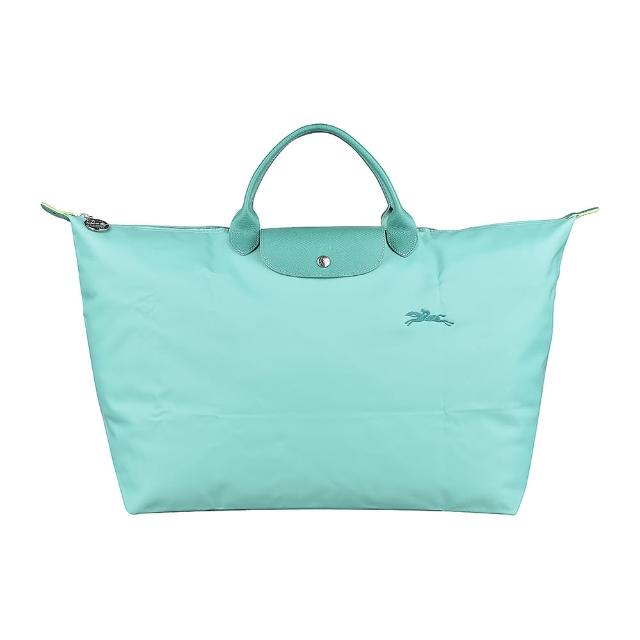 【LONGCHAMP】LONGCHMAP LE PLIAGE GREEN刺繡LOGO尼龍拉鍊手提旅行袋(珊瑚藍)