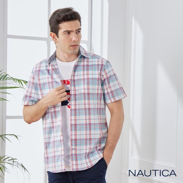 【NAUTICA】男裝經典撞色格紋短袖襯衫(紅綠)