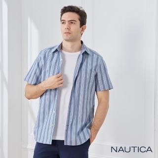 【NAUTICA】男裝設計直條紋短袖襯衫(藍色)
