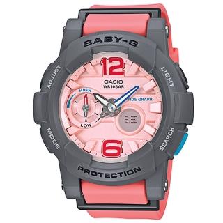 【CASIO 卡西歐】BABY-G 個性女孩雙顯腕錶/粉橘x灰框(BGA-180-4B2)