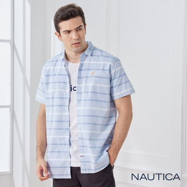 【NAUTICA】男裝清新橫條紋純棉短袖襯衫(藍色)