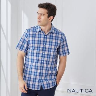 【NAUTICA】男裝吸濕排汗藍紅格紋短袖襯衫(藍色)