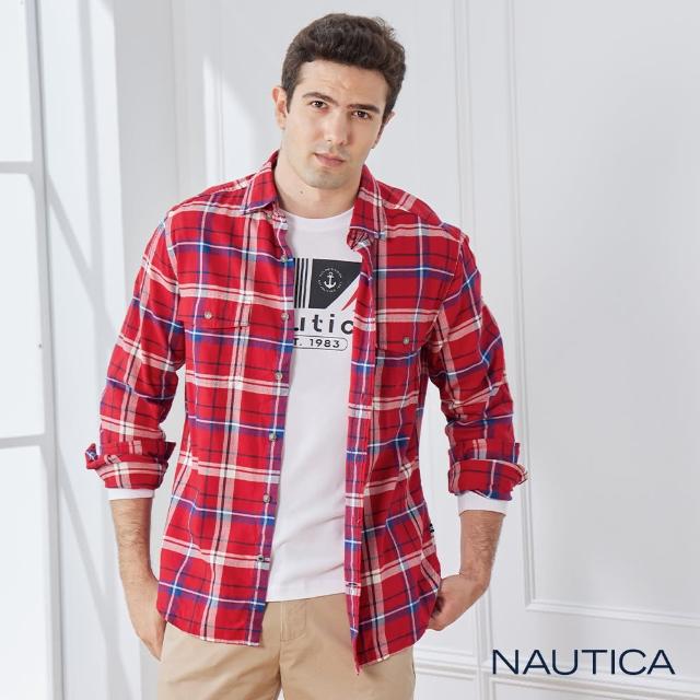 【NAUTICA】男裝經典版型格紋長袖襯衫(紅色)