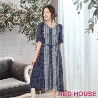 【RED HOUSE 蕾赫斯】波西米亞風印花綁帶洋裝(深藍色)
