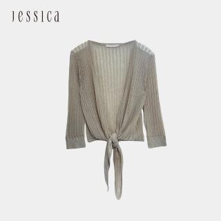 【JESSICA】經典百搭亞麻混紡透氣鏤空綁帶針織開衫223340（亞麻色）
