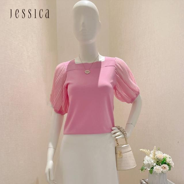 【JESSICA】甜美百搭柔軟泡泡袖方領針織衫223252（粉）