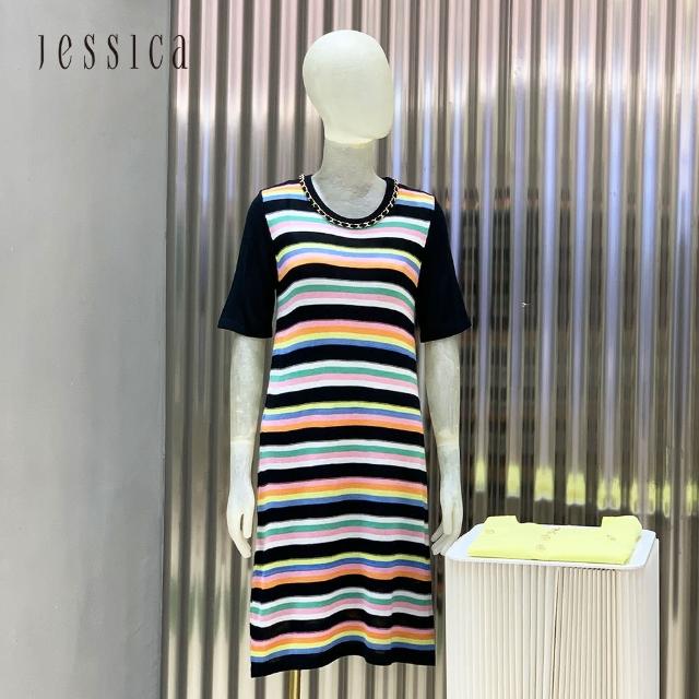 【JESSICA】清新修身顯瘦彩條短袖針織洋裝223270