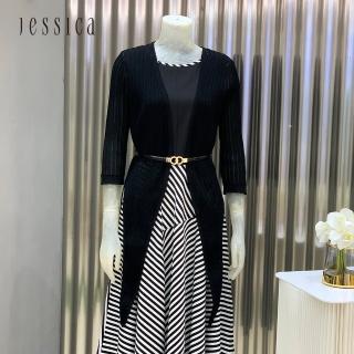 【JESSICA】經典百搭亞麻混紡透氣鏤空綁帶針織開衫223340（黑）