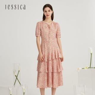 【JESSICA】甜美浪漫修身小碎花雪紡蛋糕裙擺短袖長洋裝223379