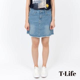 【T.Life】簡約菱格紋珍珠釦牛仔短裙(1色)
