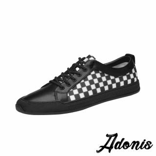 【Adonis】真皮板鞋 格紋板鞋/真皮復古撞色格紋拼接時尚休閒板鞋-男鞋(黑)
