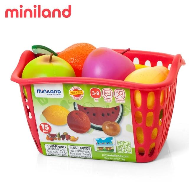 【西班牙Miniland】水果15件附購物提籃(扮家家酒/角色扮演/西班牙原裝進口)
