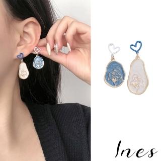 【INES】韓國設計S925銀針法式復古不對稱撞色滴釉愛心造型耳環(S925銀針耳環 愛心耳環 不對稱耳環)